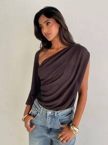 Aloruh Minimalist Commuter Elegant Sexy Versatile Premium One Shoulder Ruched Mixed Fabric Patchwork Long Sleeve 's Bodysuit - Brown - View 1