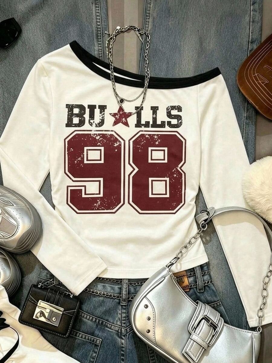 Tween Girl Tween Girls Casual Fashion American Street Style Number & Letter Print Asymmetrical Neckline Ruched Slim Fit T-Shirt - Apricot - View 1