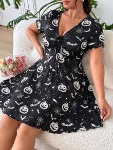 SHEIN EZwear 大尺碼度假風南瓜印花百褶綁帶洋裝 - 黑與白 - 查看 6