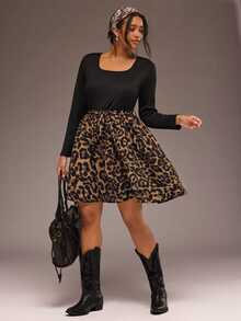 Freevana Leopard Print Tie-Waist Dress With Scoop Neck, Long Sleeves And Side Slit, Curvy-Friendly Staple Fall - Black - View 1