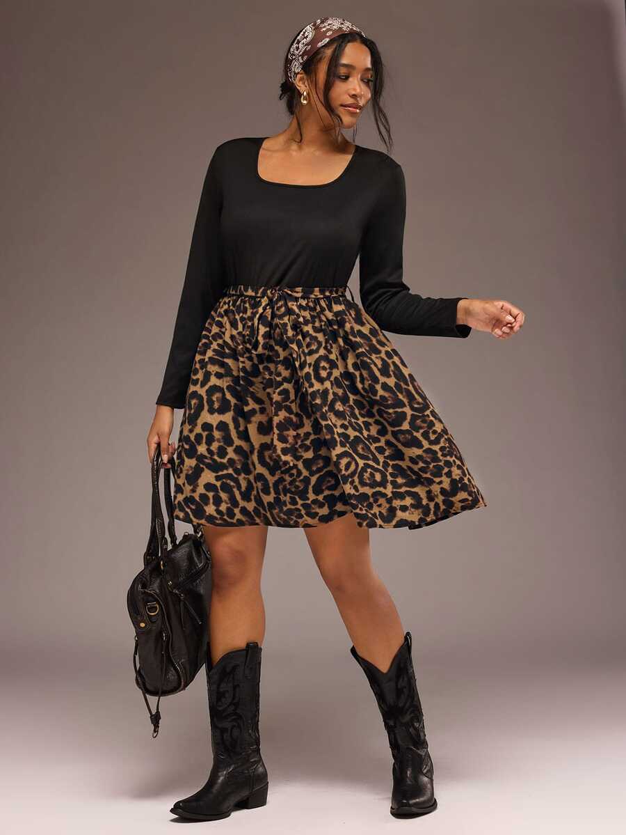 Freevana Leopard Print Tie-Waist Dress With Scoop Neck, Long Sleeves And Side Slit, Curvy-Friendly Staple Fall - Black - View 1