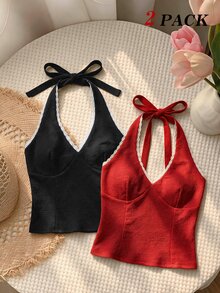 SHEIN MOD Women's Colorblock Casual Versatile Daily Wear Halter Neck Tops 2pcs Set - Red and Black - View 11