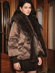 Anewsta Women's Autumn/Winter Elegant Vacation Style Versatile Large Fur Collar Warm Coat - Coffee Brown - View 6