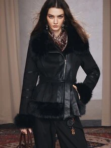 Anewsta Women Faux Shearling Jacket With Faux Fur Collar, Belted Waist & Asymmetric Zip - Black - View 1