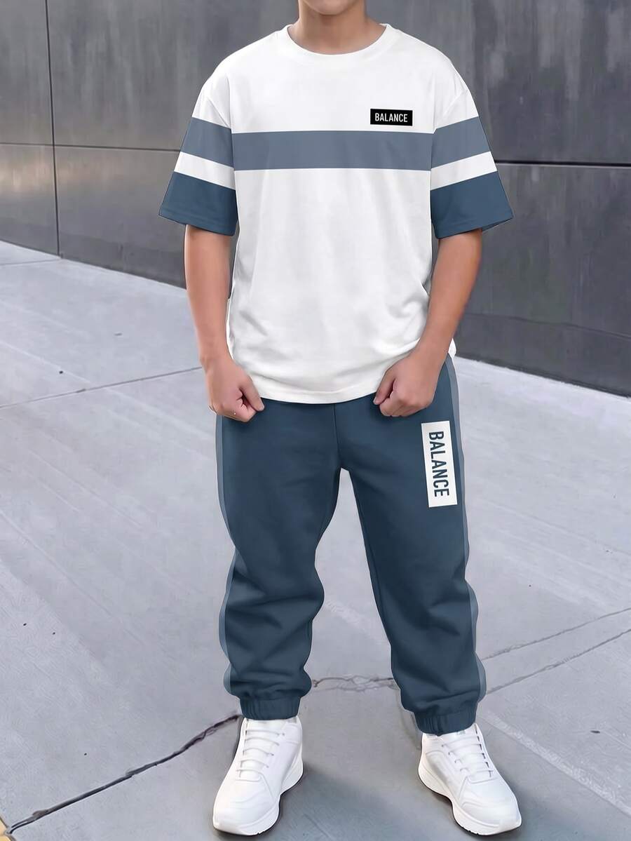 Tween Boy Casual Comfortable Fashion Minimalist Crew Neck Short Sleeve T-Shirt And Long Pants Set, Classic Color Block Stripe Pattern Print, Classic Text Label Pattern Print, Suitable For Back To School Season, Suitable For Sports - Multicolor - View 1