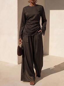 Zivah Women's Solid Color Contrast Lace Blouse And Wide Leg Pants Elegant 2 Pieces Set - Brown - View 2
