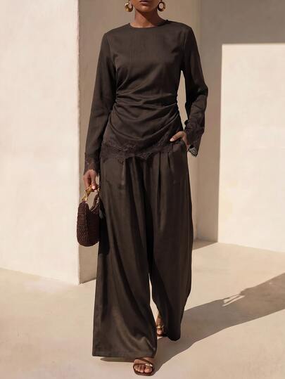 Zivah Women's Solid Color Contrast Lace Blouse And Wide Leg Pants Elegant 2 Pieces Set