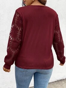 SHEIN Frenchy 大尺碼秋季休閒提花拼接T恤 - 紅色 - 查看 2