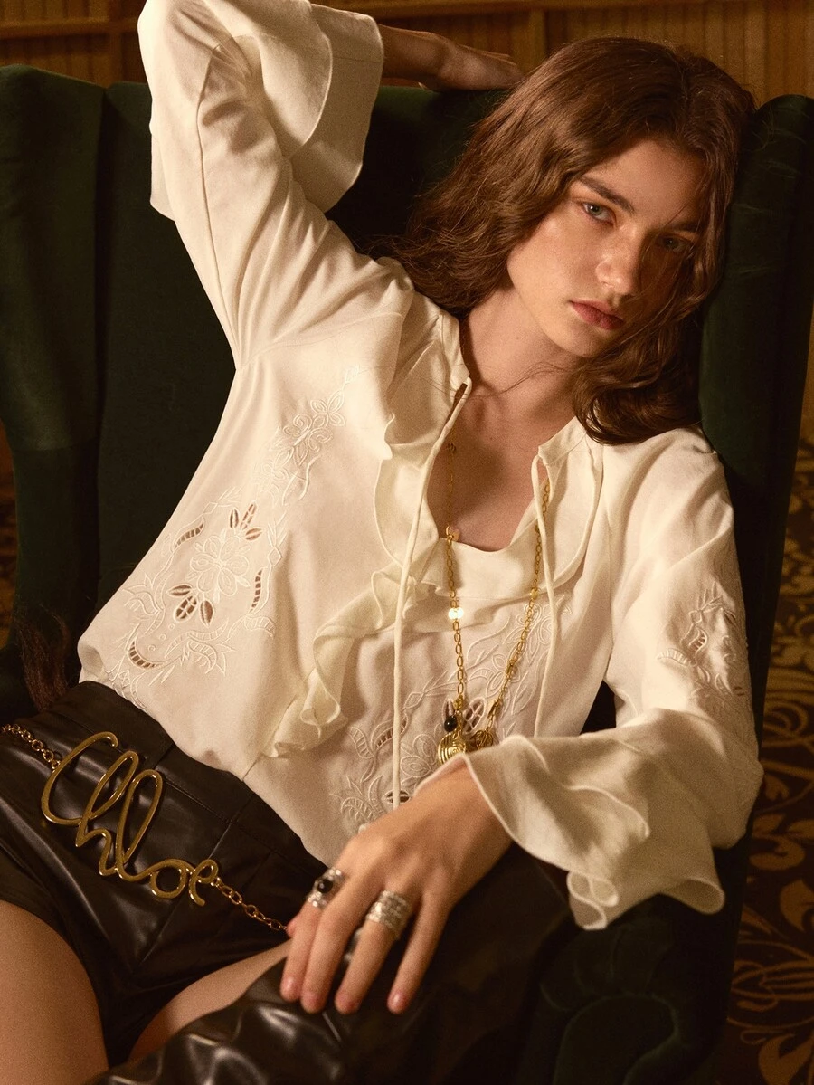 MOTF STUDIO WOMEN'S FLORAL EMBROIDERED PATTERN CASUAL VERSATILE DAILY WEAR SHIRT - White - View 1