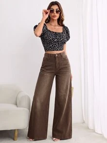 SHEIN PETITE Women's Loose Fit Denim Wide Leg Pants With Pockets And Buttons For Casual Daily Wear - Brown - View 3