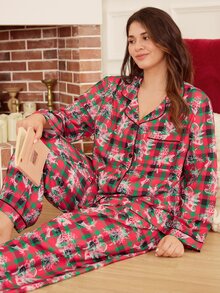 Doze Lane Christmas Themed Print Classic Plaid Element Collared Shirt Style Plus Size Women's Loungewear Pajama Set - Red - View 1