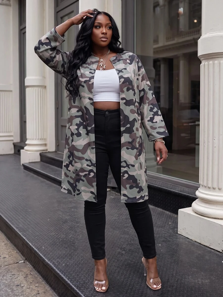 Slaydiva Plus Size Autumn Casual Cowgirl Camouflage Print Jacket Fall Travel Office Olive Green