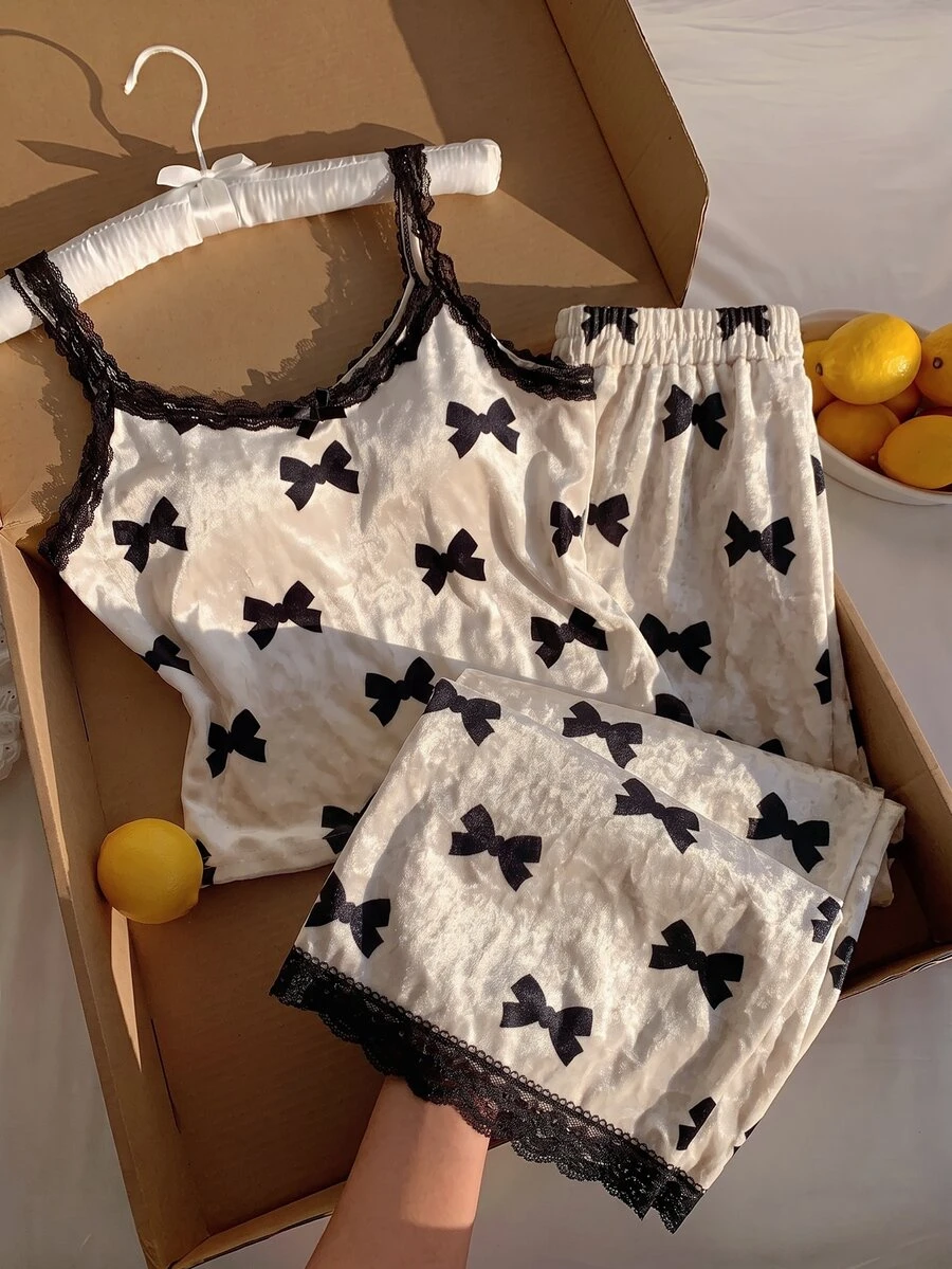 Comfortcana Women's Lace Patchwork Bow Pattern Camisole Top And Long Pants 2 Pieces Set - Multicolor - View 1