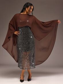 Freevana Elegant Brown Sheer Mesh Poncho Top Silver Metallic Sequin Long Skirt Chic Party Two Pieces Set - Brown - View 4