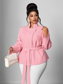 Maweii Plus Size Pink Casual Design Tie Waist Stand Collar Long Sleeve Commute Interview Business Blazer - Pink - View 5