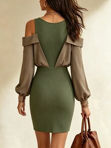 Trelyra Women's Elegant Street Ribbed Cold Shoulder 2 In 1 Dress - Green - View 2