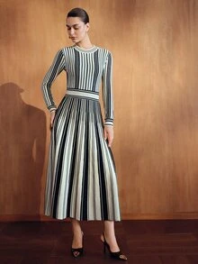 MOTF PREMIUM WOMEN'S AUTUMN/WINTER MINIMALIST ELEGANT COMMUTER CASUAL DATE KNIT SWEATER DRESS, ELASTIC FABRIC, ROUND NECK, LONG SLEEVE, HIGH WAIST, CINCHED WAIST, FLARED HEM, BLACK & BEIGE VERTICAL STRIPES - Multicolor - View 4