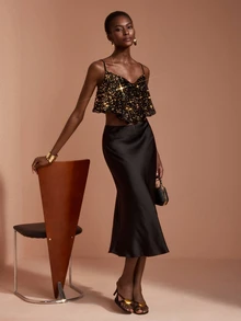 JIAN LASALA Black And Golden Adjustable Strap Sequin Loose Short Top Casual Elegant Party Vacation - Black and Gold - View 7