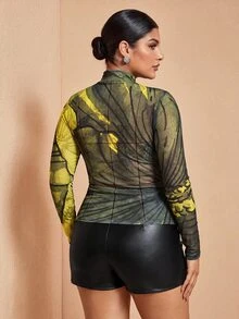 JIAN LASALA Sexy Floral Printed Sheer Mesh Plus Size Top Long Sleeve Stand Collar Slim Fit Yellow Summer - Multicolor - View 2