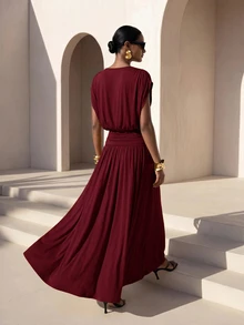 Zivah Gaun Panjang Elegan Wanita Warna Polos Leher Bulat Model Sayap Kelelawar Lengan Pendek - Burgundy - View 2