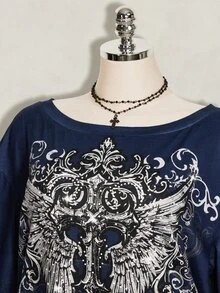 SHEIN ICON 女款大尺碼十字哥德風圖案T恤 - 藏蓝色 - 查看 4