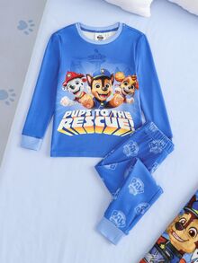 SHEIN | PAW Patrol 小男孩字母卡通印花長袖上衣與長褲休閒日常居家睡衣套裝 - 藍色 - 查看 1