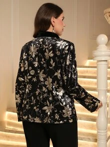 EMERY ROSE Plus Size Women's Elegant Autumn/Winter Party Floral Printed Black Blazer Jacket, Night Out, Fall,Formal,Business,Night Out Coat,Wedding - Multicolor - View 3