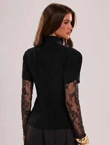 SHEIN BAE بليزر نسائي أنيق بأزرار وتطريز دانتيل مرقع - الأسود - مشاهدة 2