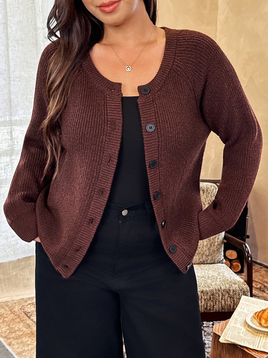 Vionelle Autumn/Winter Plus Size Brown Vertical Ribbed Knit Cardigan, Women's Round Neck Raglan Long Sleeve Front Button Loose Casual Knit Sweater Jacket - Brown - View 1