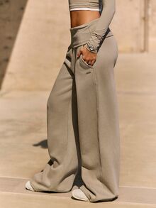 GLOWMODE Cozy Street Collection Everyday Fleece Off-Duty Glow Foldover Wide-Leg Sweatpants With Rivet-Detail Pockets Daily Casual Fall Winter Wear - Khaki - View 7