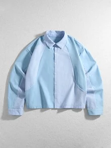 ROMWE MEN Men's Patchwork Fabric Loose Long Sleeve Shirt - Blue - View 1