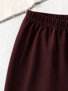 SHEIN Sparklyn 女童韓系活力風棕色運動衫與修身長褲兩件套，附蝴蝶結緞帶，休閒長袖春秋套裝 - 卡其色 - 查看 6