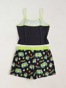 SCOOBY-DOO X SHEIN Plus Size Women Letter Print Camisole Top And Shorts Pajama Set -DOO - Black - View 2