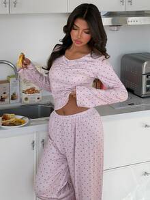 ZzzCrew Polka Dot Print Long Sleeve Long Pants Pajama Set - Pink - View 5