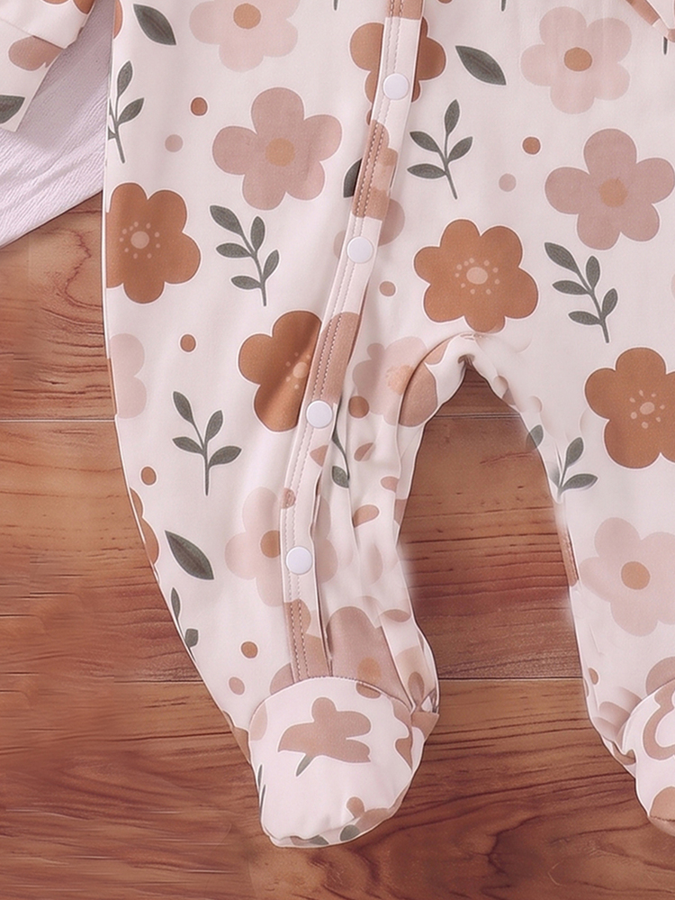 Newborn Long Sleeve Footed Romper, Vintage Earth Tone Floral All-Over Print Full Snap Front Baby Jumpsuit, Soft Infant Home Crawl Suit - Multicolor - View 4