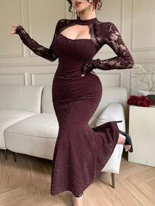 DAZY Women's Elegant Lace Patchwork Sexy Mermaid Dress - Brown - View 8