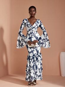 JIAN LASALA Mesh Ruffle Long Sleeve V Neckline Multi Layers Long Dress Elegant Vacation Holiday - Blue and White - View 5