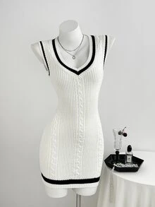 Elamini Women's Autumn/Winter Layering Contrast Color Cable Cable Knit Ribbed Slim Fit Cute Delicate Preppy Style Knit Sweater Vest Dress - White - View 6