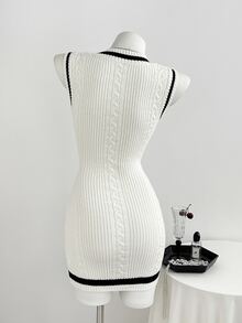 Elamini Women's Autumn/Winter Layering Contrast Color Cable Cable Knit Ribbed Slim Fit Cute Delicate Preppy Style Knit Sweater Vest Dress - White - View 2