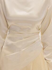 MUSEYN Cream Satin Tassel Fringe Hem Ruched Cinched Top Versatile Everyday Casual Fall Date Night - Apricot - View 6
