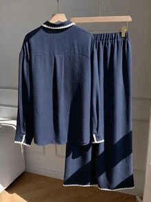 Comfortcana 女款騎士圖案長袖上衣與長褲休閒日常套裝 - 藏蓝色 - 查看 2