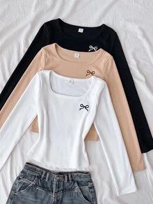 SHEIN Tween Girl Tween Girl Autumn/Winter New Casual Minimalist Comfortable Knit Fleece Solid Color Square Neck Long Sleeve T-Shirt 3pcs/Set - Multicolor - View 6