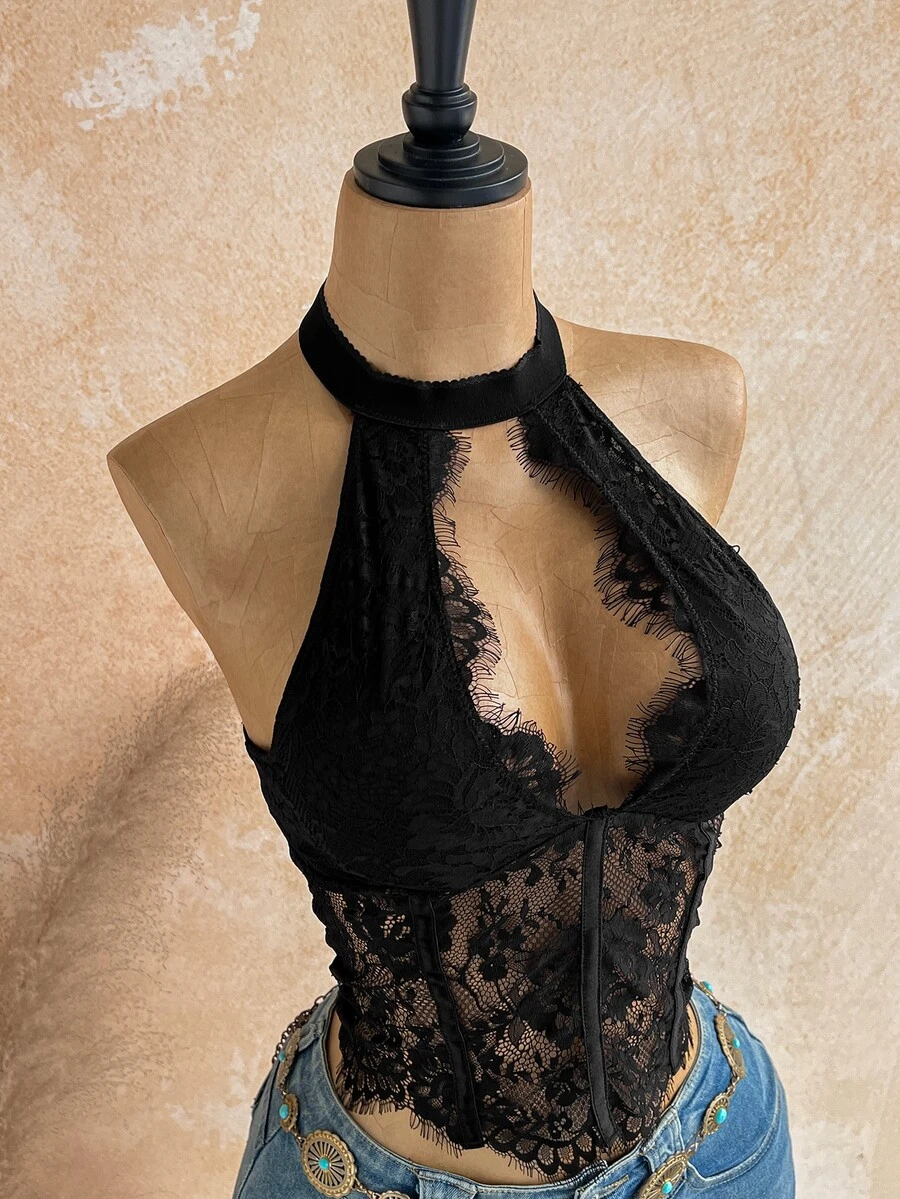 Soleia Women'S Lace Slim Fit Sexy Fashion Solid Color Halter Neck Tie-Up Vest - Black - View 1