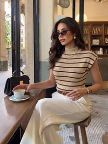 Firerie Elegant High Neck Loose Casual Versatile Sleeveless Knit Sweater Vest, Suitable For Dating, Chic - Camel - View 1
