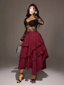 Viva Relle Rok Wanita Ukuran Besar Warna Burgundy Berlapis-lapis dengan Rumbai dan Desain Asimetris Gaya Vintage, Cocok untuk Perjalanan Sehari-hari, Belanja Akhir Pekan di Musim Gugur - Burgundy - View 6