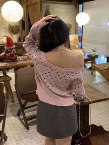 DAZY Women's Asymmetrical Shoulder Polka Dot Casual Cardigan - Pink - View 4
