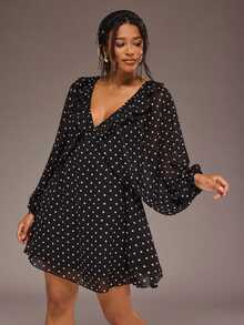 Freevana Elegant Women Chiffon Black Polka Dot Deep V-Neck Ruffle Long Balloon Sleeve Flowy Short Dress - Black - View 4