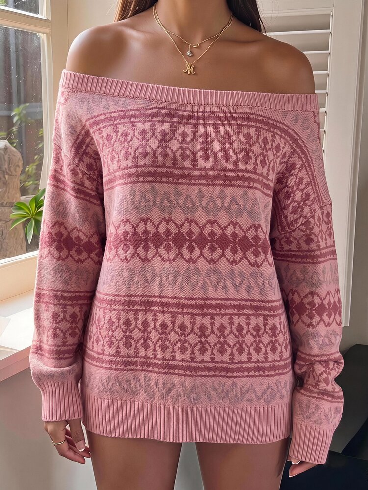 CovetEZ Autumn New Pink Fair Isle Pattern Women's Off-Shoulder Knit Sweater, Autumn/Winter Style, Suitable For Daily Commute, Dating, Gathering, Autumn/Winter, Summer, Party, Wedding, Beach, Graduation Ceremony And Other Occasions, Elegant Casual, Suitable For Outing, Y2K Style, Music Festival And Other Scenes - White - View 3