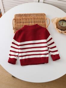 SHEIN Vintaside Kids Baby Boy Striped Zipper Half-Placket Long Sleeve Casual Sweater - Red - View 2