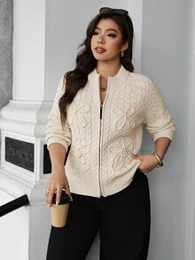 Vionelle Plus Size Women's Cream White Round Neck Zipper Cable Knit Cardigan With 3D Bow Long Sleeve Sweater Jacket Office Autumn Elegant - Apricot - View 7
